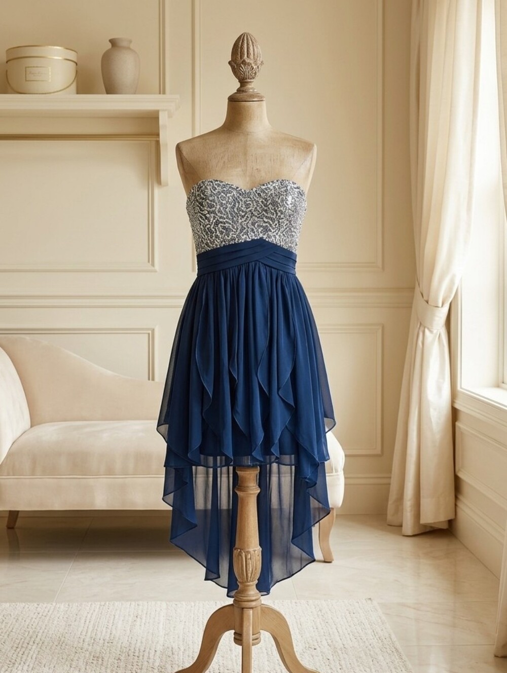 Sequin Hearts Strapless Navy Blue and Silver Sequin Dress Sz 3